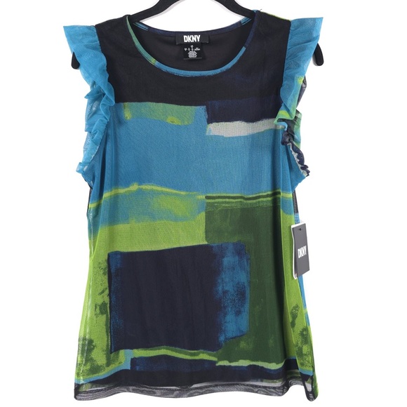 NWT DKNY Mesh Sheer Abstract Top Ruffle Sleeveless Black Green Blue Size SMALL - Picture 1 of 10